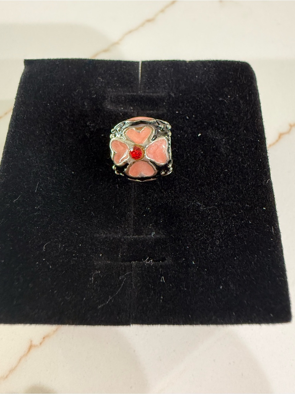 Pandora Pink Daisy Flower Enamel  Charm With Red Stone Excellent condition